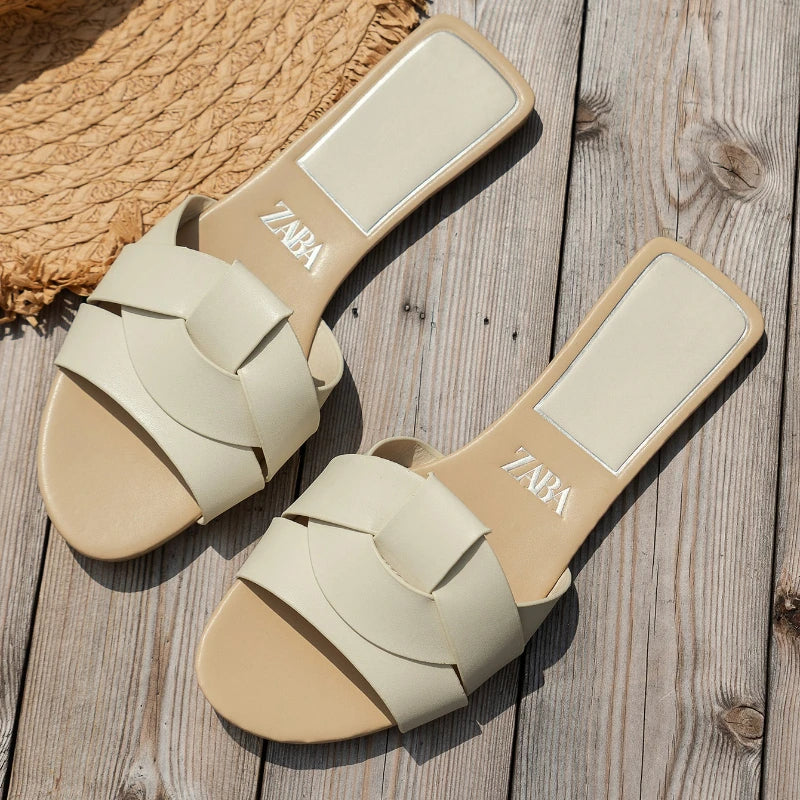 Women's Roman Flat Sandals – Woven PU Slip-On Summer Shoes