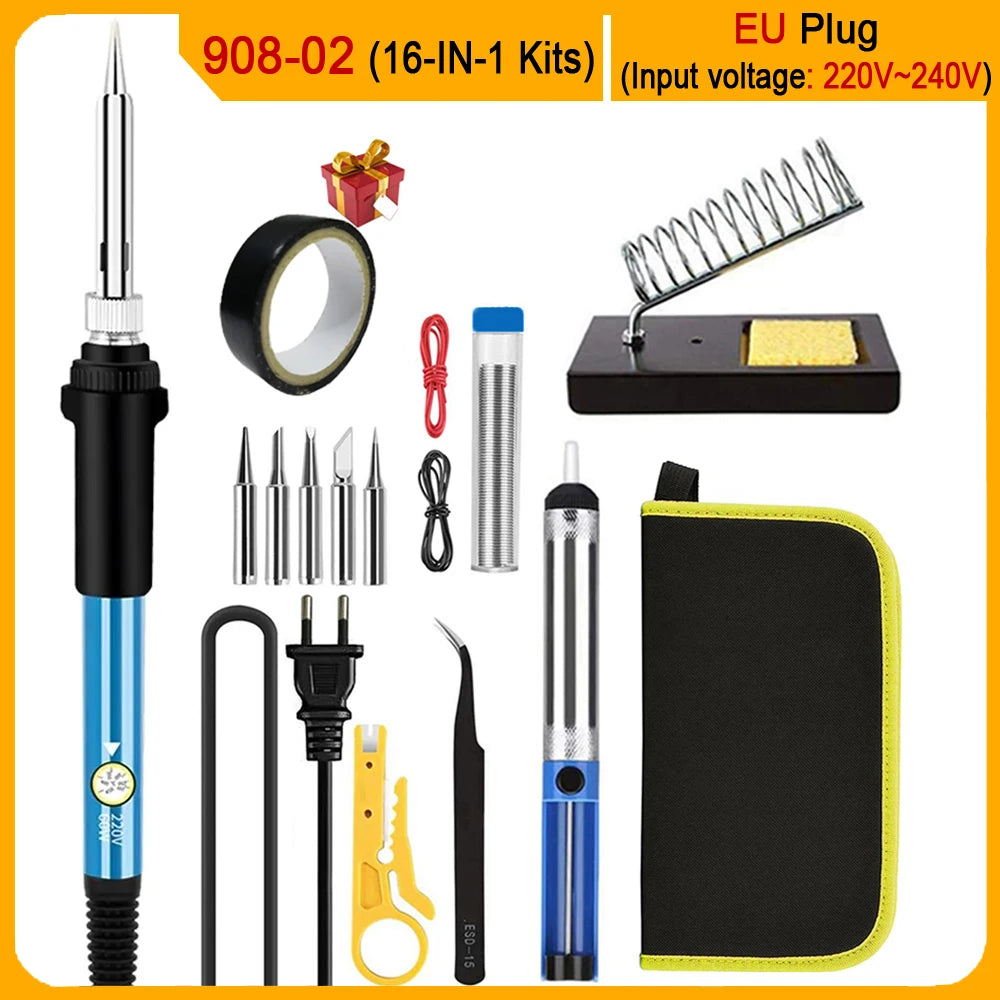 Electric Soldering Iron Kit – 60W Adjustable Temp, 10/16/20-in-1, US & EU Plug