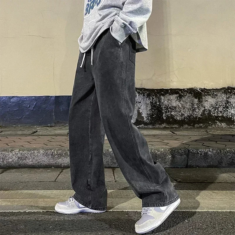 Men’s Korean Style Loose Straight Leg Jeans – Wide Leg Streetwear Denim