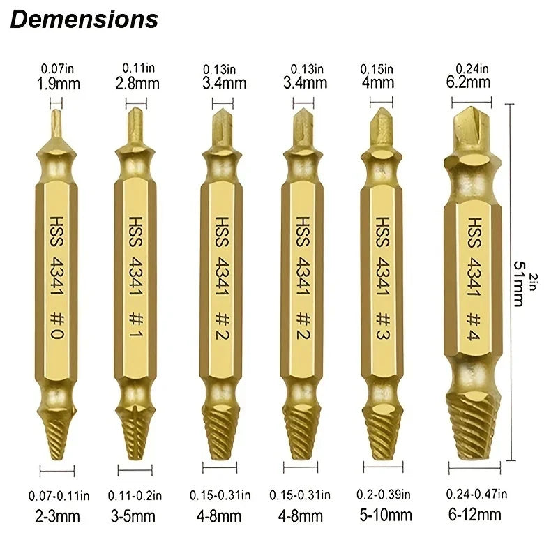 6-Piece Damaged Screw Extractor Set – HSS Drill Bit, Stripped & Broken Screw Remover Kit