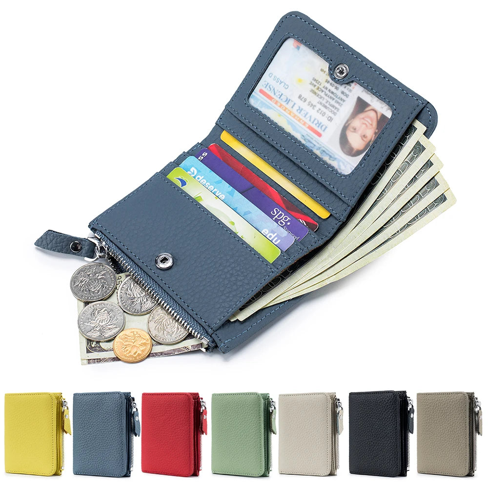 Genuine Cow Leather Short Wallet — RFID Blocking Card Holder & Coin Purse