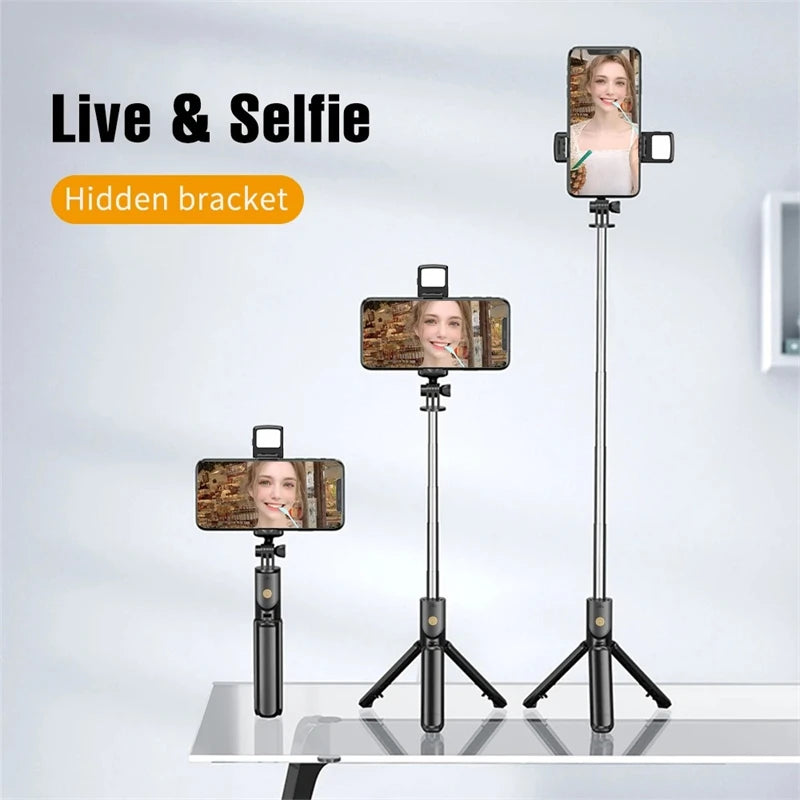 3-in-1 Selfie Stick Tripod – Fill Light, Bluetooth Remote & Foldable Stand