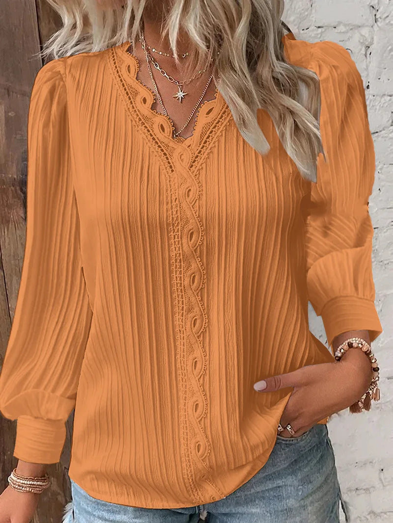 Women's Lace Patchwork Blouse - V-Neck Long Sleeve (S-XXL)