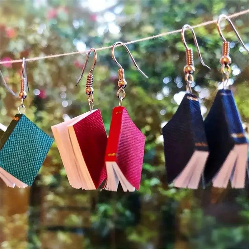3D Book Pendant Drop Earrings – Novelty Literary Style for Book Lovers