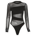 Women's Sheer Mesh Cut-Out Bodysuit – Long Sleeve Diagonal Hollow Clubwear