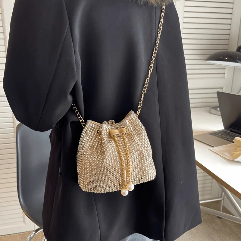 Sparkling Rhinestone Drawstring Bucket Purse — Crossbody Bag for Women