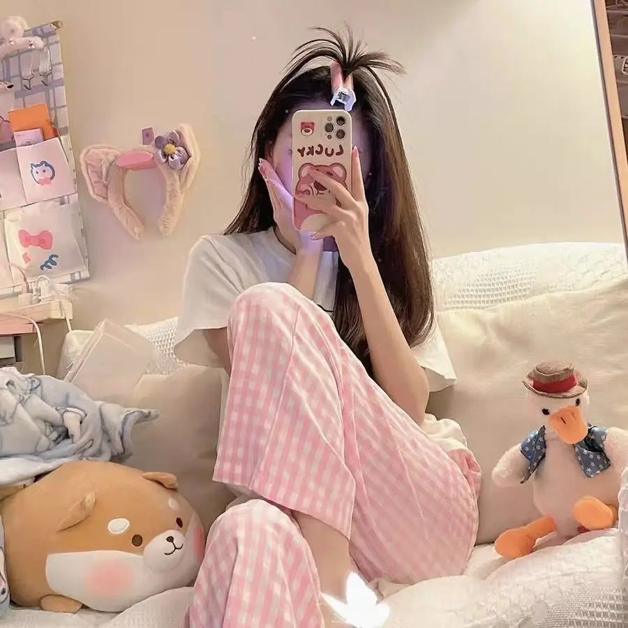 Pantalones de pijama a cuadros de nueve puntos para el hogar de verano, casuales, relajados, transpirables, finos, con cintura elástica para estudiantes femeninas