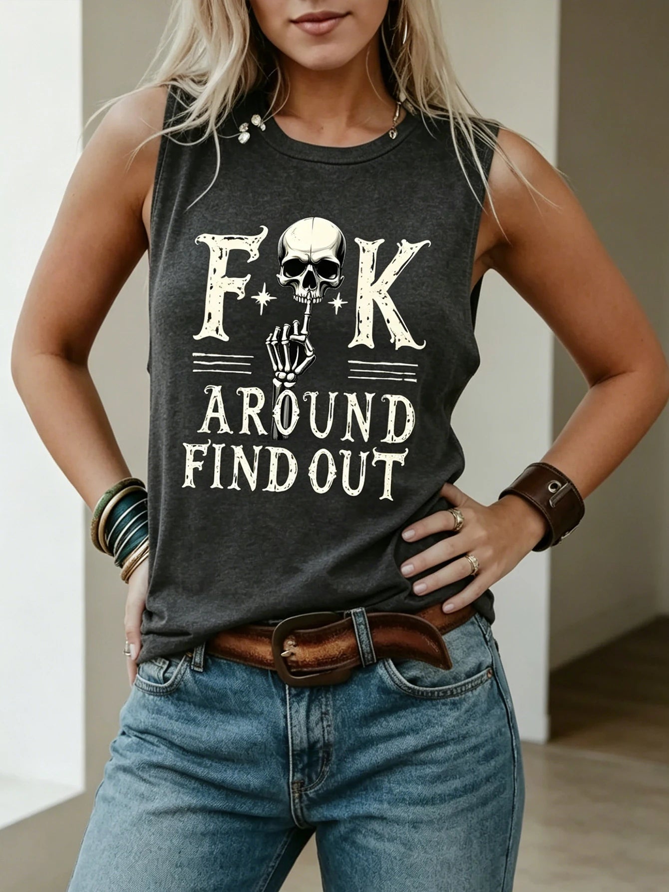 Top sin mangas con estampado retro de calle oscura europea casual y moderno para mujer