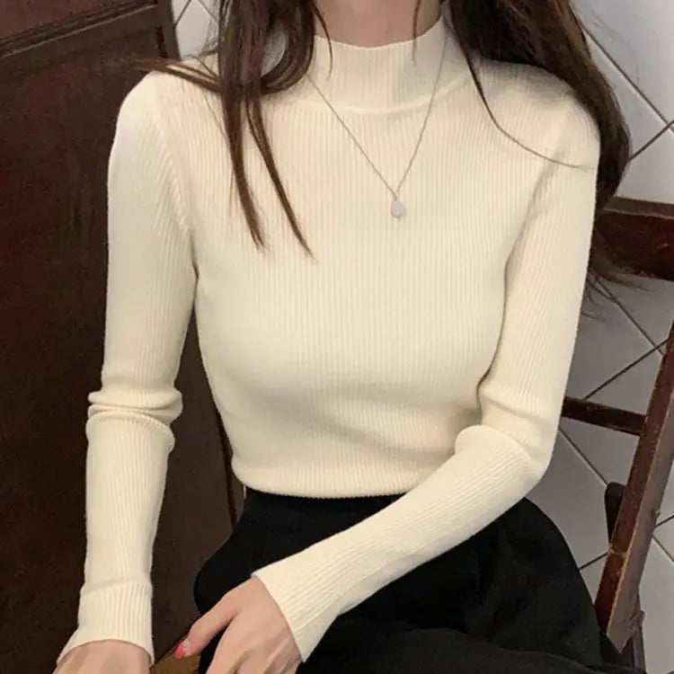 Women's Mock Neck Slim Knit Pullover | Vintage Basic Solid Sweater 11 Colors One Size