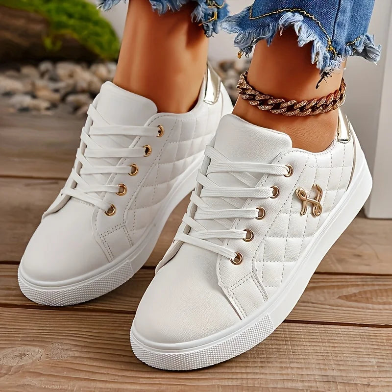 Women's Gold-Embellished Lace-Up Sneakers – Lightweight PU Low-Top Casual Shoes