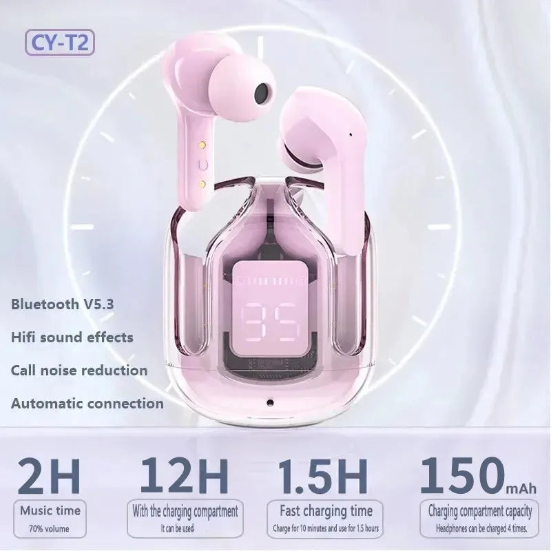 T2 Wireless Earbuds – Transparent Case, HiFi Sound, LED Display, Built-in Mic