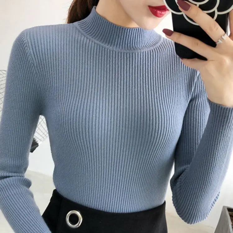 Women's Mock Neck Slim Knit Pullover | Vintage Basic Solid Sweater 11 Colors One Size