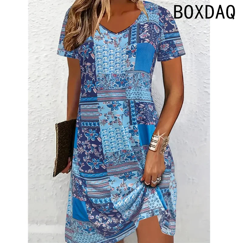 Vestido de mujer de verano de manga corta con cuello redondo, casual, holgado, línea A, talla grande 3XL, estampado 3D a rayas, elegante, vintage