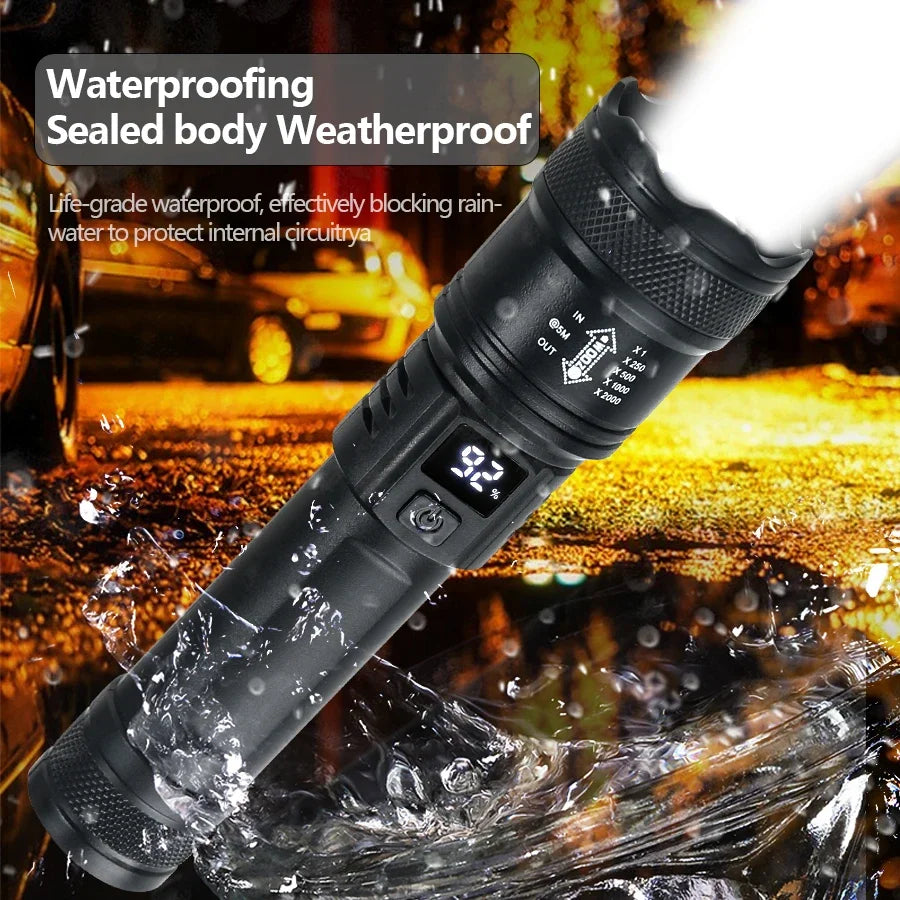 Tactical LED Flashlight – 2000LM, Zoomable, USB Rechargeable & Power Bank