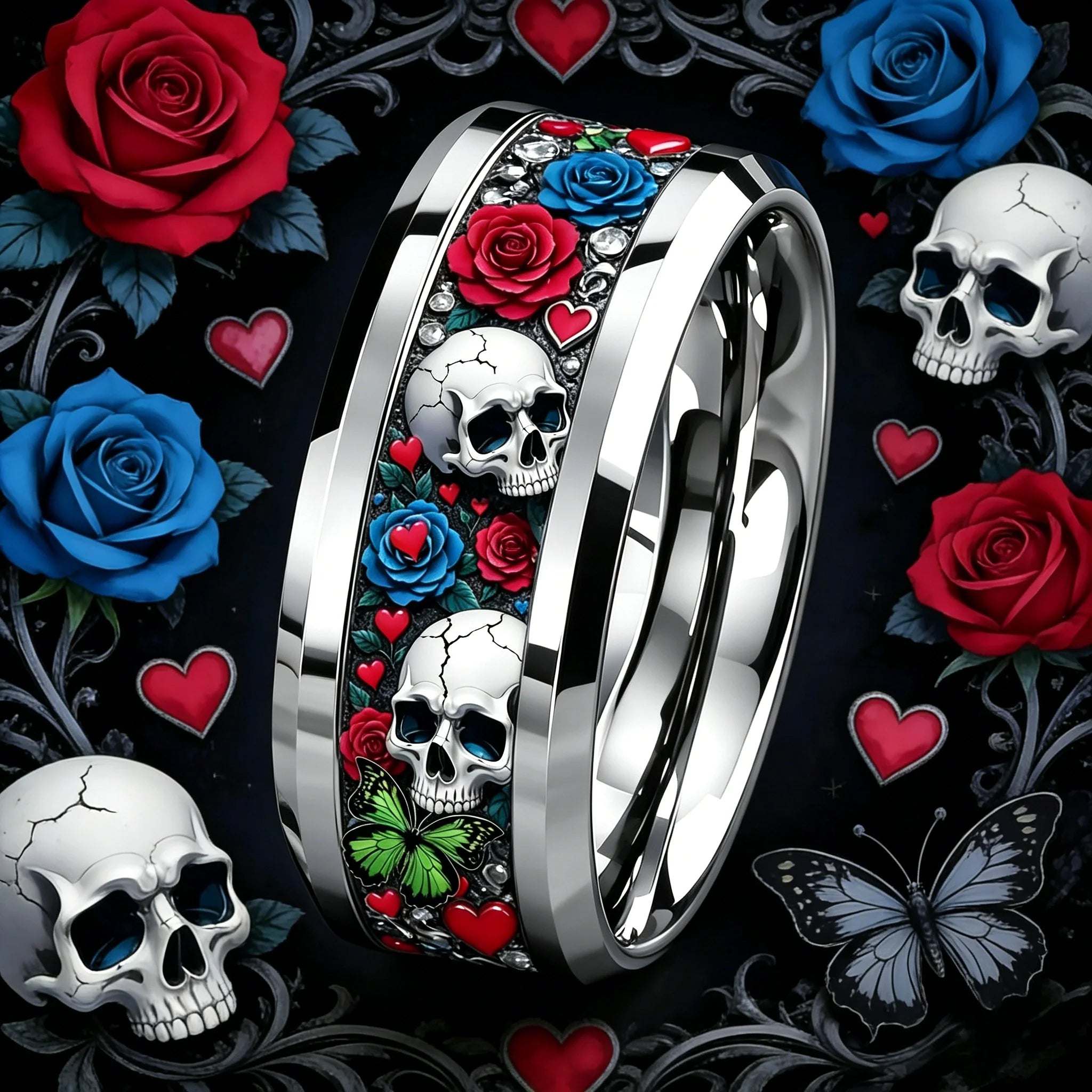Anillo de acero inoxidable ciberpunk de 8 mm | Joyería gótica punk rockera para hombres y mujeres