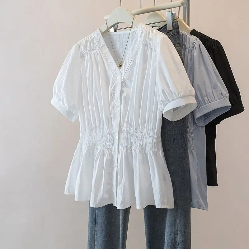 Women's Plus Size Puff Sleeve Blouse – V-Neck Smocked Waist Peplum Top