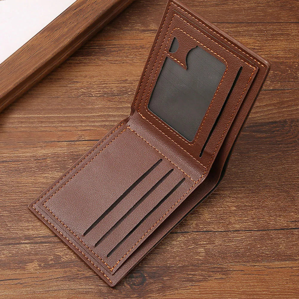 Men's Lychee Texture PU Leather Short Wallet — Business Card Holder & Coin Purse