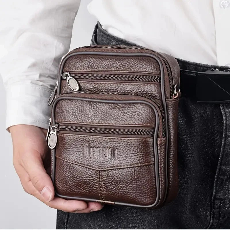 Men's Genuine Leather Mini Crossbody Bag — Vertical Shoulder Bag & Casual Travel Messenger