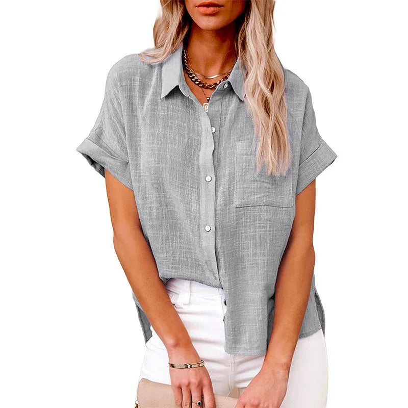 Women's Linen Pocket Blouse - Short Sleeve Loose Fit (S-5XL)