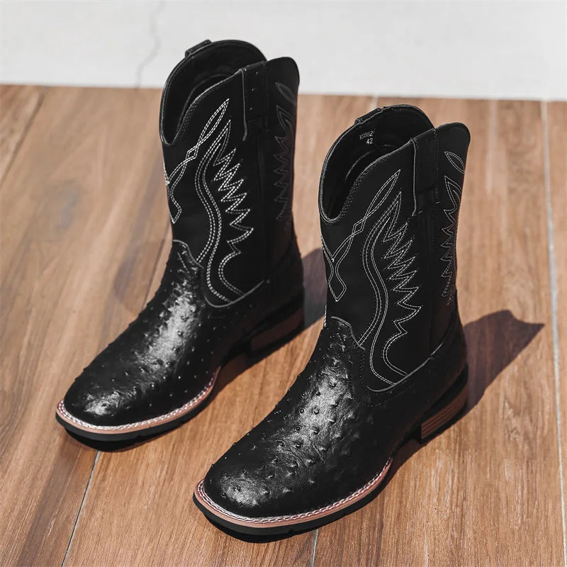 Men's Retro Slip-On Cowboy Boots – Wide Square Toe Embroidery Mid-Calf
