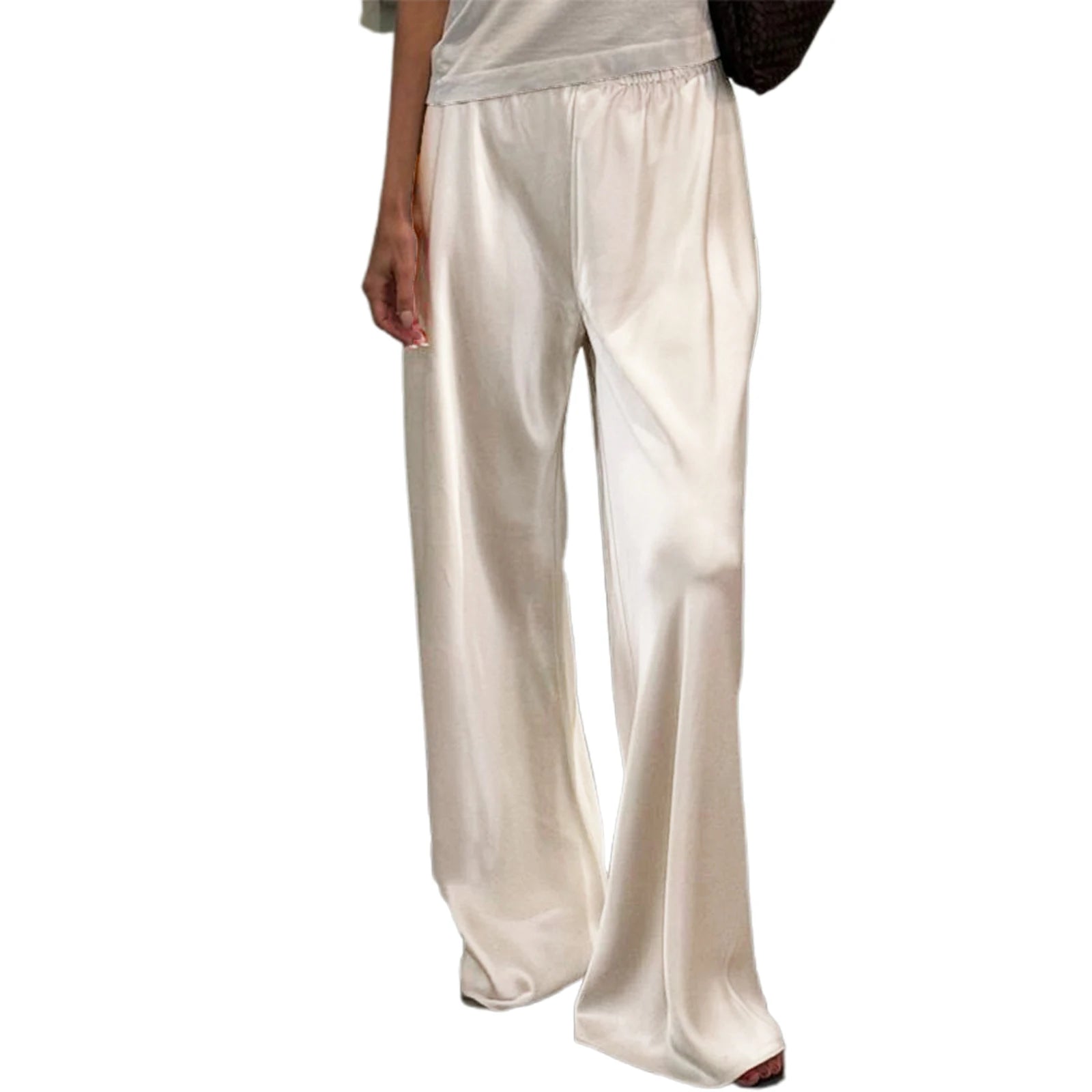 Elegantes pantalones de satén de pernera ancha para mujer, con estilo, cintura elástica, ajuste holgado, pantalones largos para ropa de calle, trabajo, color liso