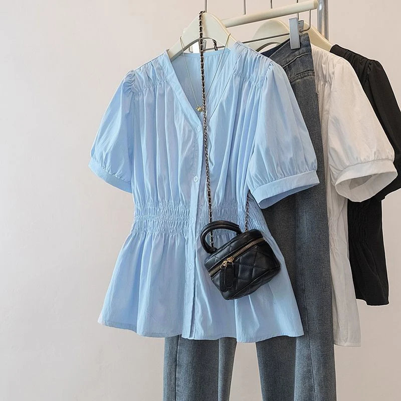 Women's Plus Size Puff Sleeve Blouse – V-Neck Smocked Waist Peplum Top