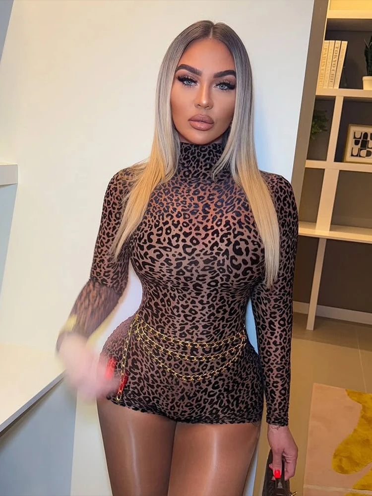 Women's Leopard Print Turtleneck Romper – Slim Fit Long Sleeve Playsuit