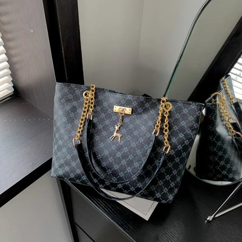 Luxury Plaid Print Tote Bag — Large Capacity PU Leather Shoulder Bag with Tassel Pendant