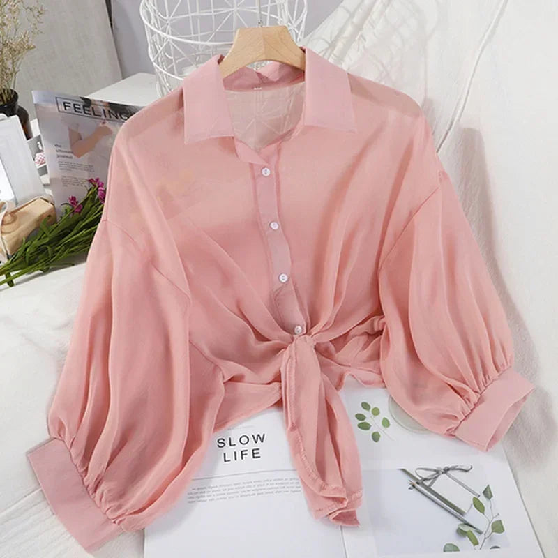 Women's Tied Waist Blouse - Bat Sleeve Button Front (S-XXL)