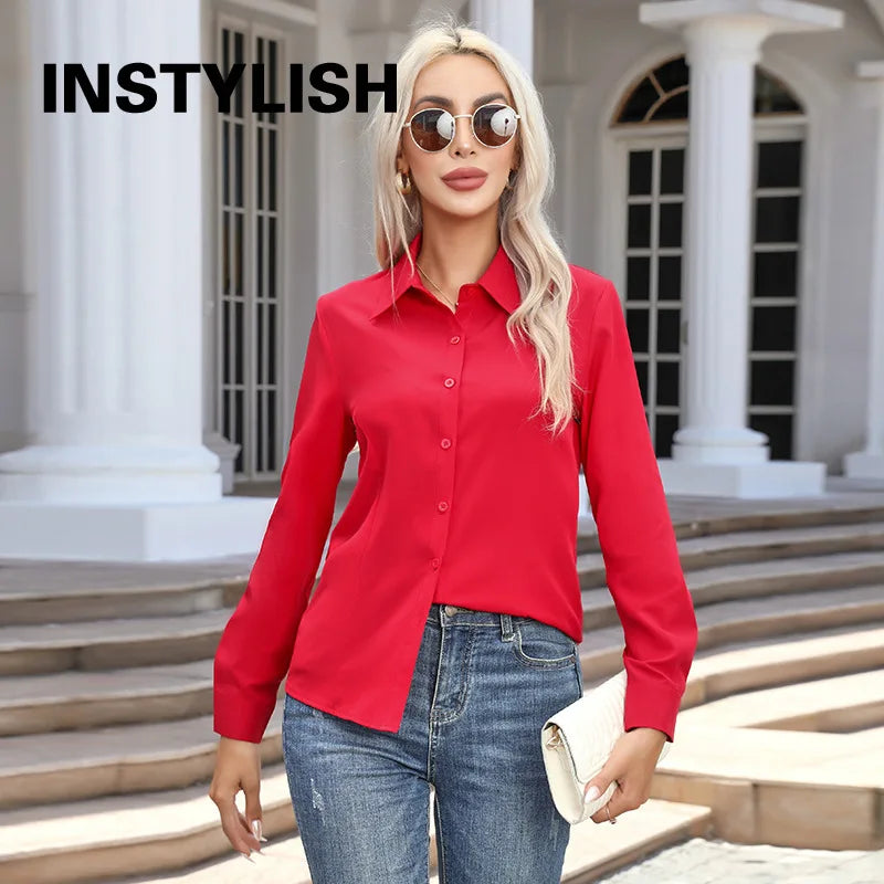 Women's Button Chiffon Blouse - Turn-Down Collar (S-XXXL)