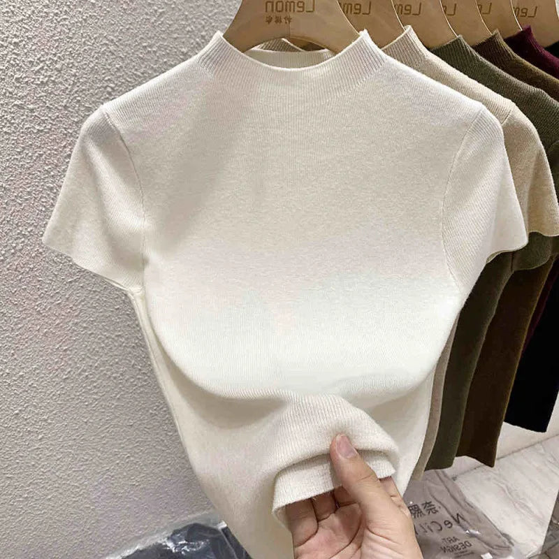 Women's Thin Mock Neck Short Sleeve Knit Sweater | Slim Bodycon Pullover Layering Top One Size