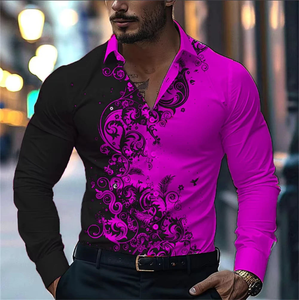 Men's Floral Print Dress Shirt - Long Sleeve Button-Up (S-5XL)