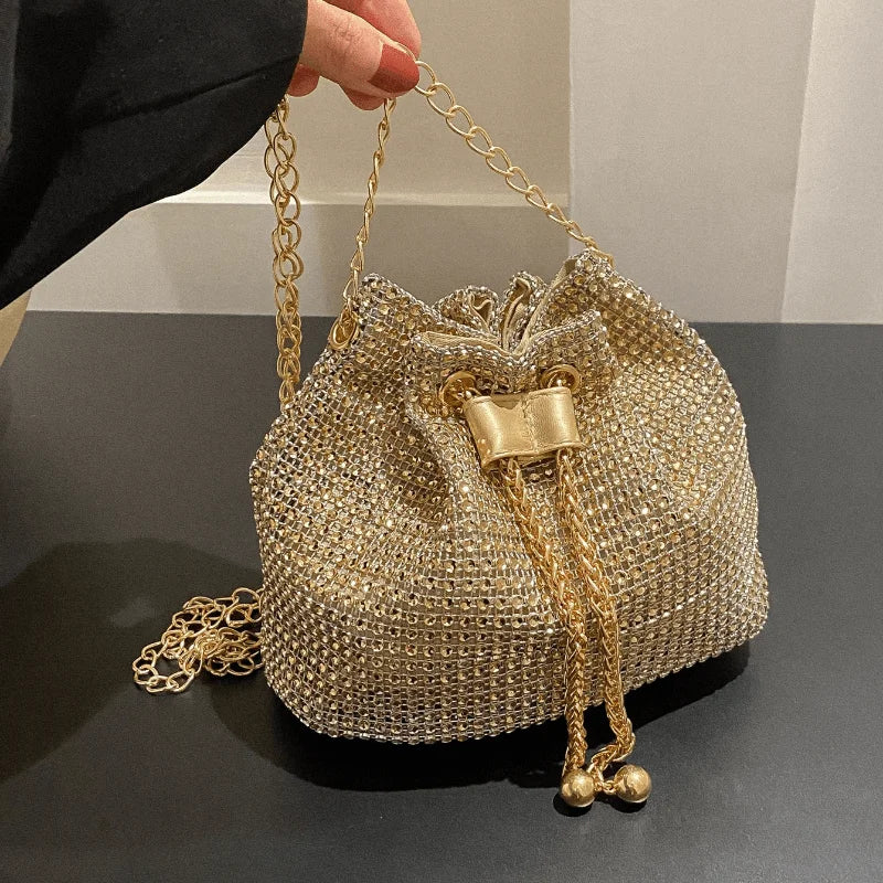 Sparkling Rhinestone Drawstring Bucket Purse — Crossbody Bag for Women
