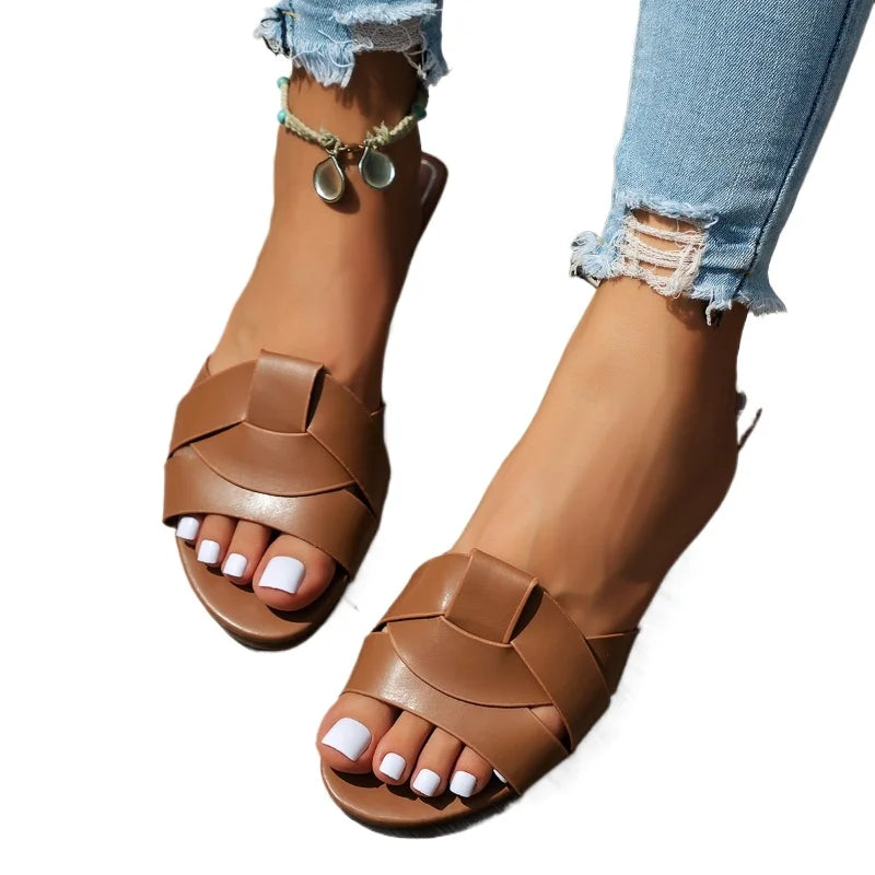 Women's Roman Flat Sandals – Woven PU Slip-On Summer Shoes