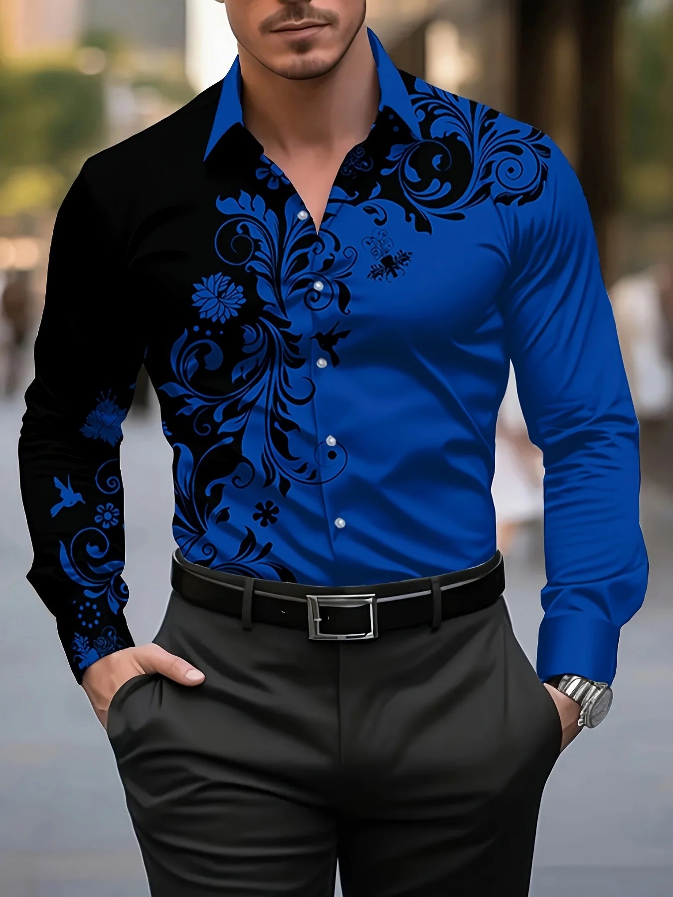 Men's Floral Print Dress Shirt - Long Sleeve Button-Up (S-5XL)