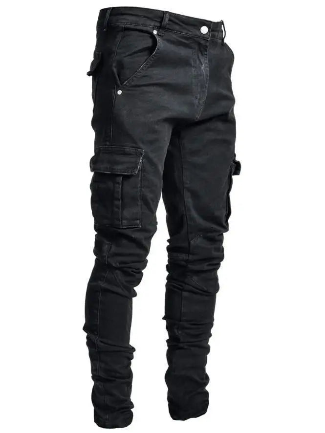Men’s Multi-Pocket Cargo Jeans – Relaxed Fit Washed Denim Pants