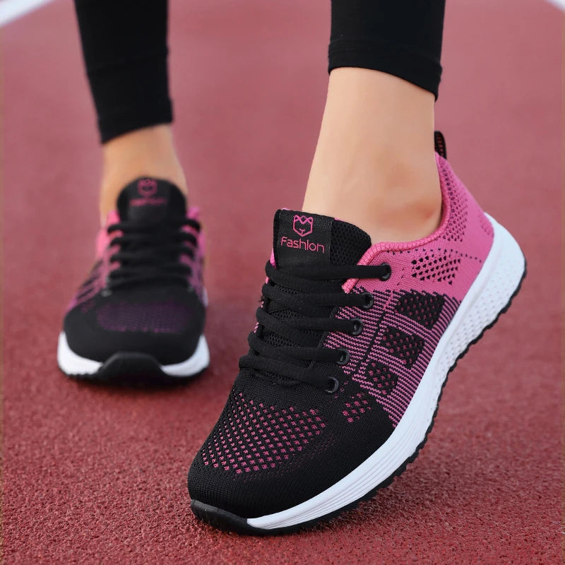 Women's Breathable Mesh Lace-Up Sneakers – Lightweight Flat Walking Shoes
