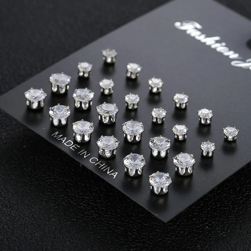 12-Pair Cubic Zirconia Stud Earring Set – Hypoallergenic Mixed Styles