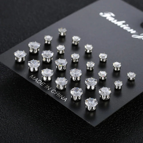 12-Pair Cubic Zirconia Stud Earring Set – Hypoallergenic Mixed Styles