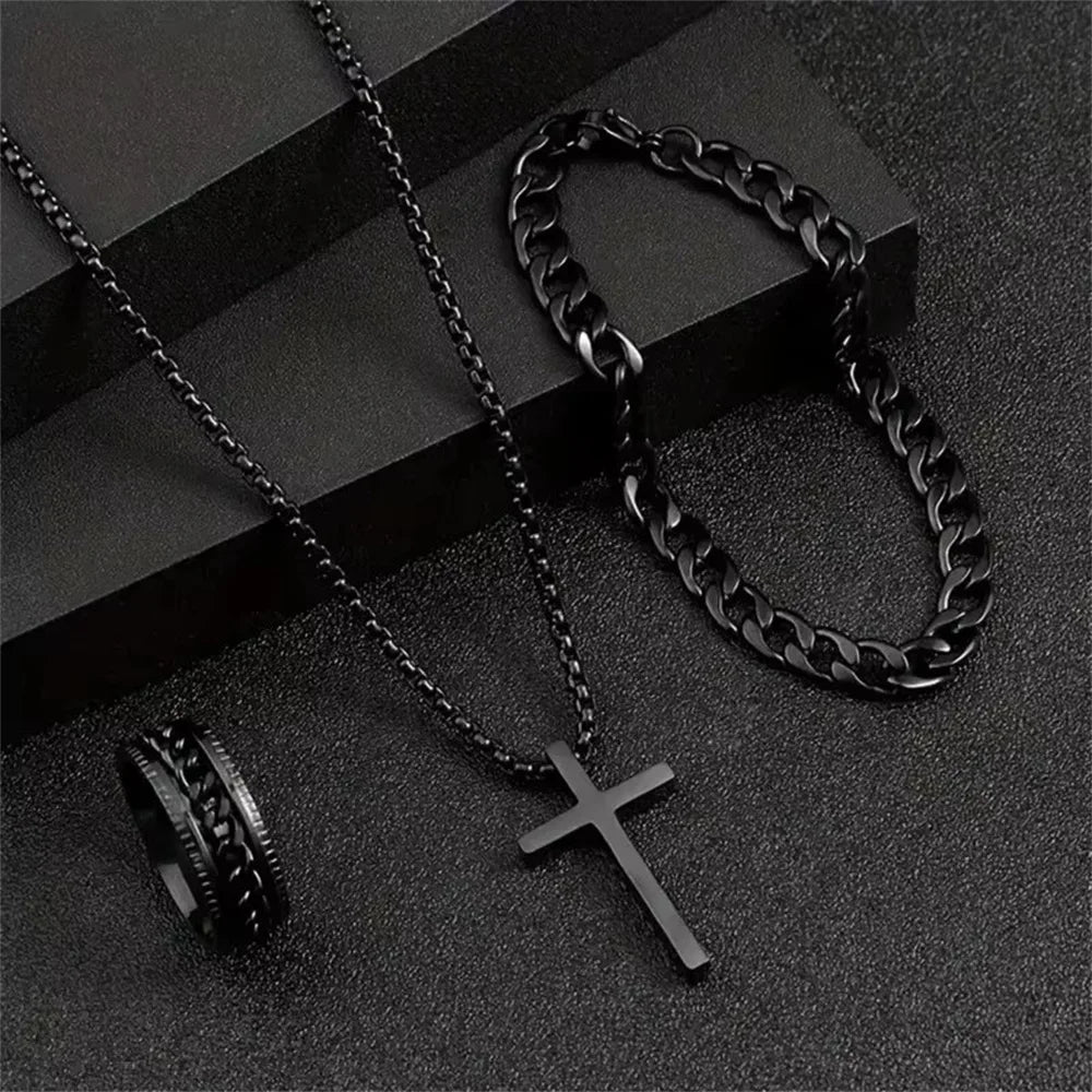 Punk Cross Pendant Necklace, Bracelet & Ring Set | 3-Piece Hip Hop Jewelry