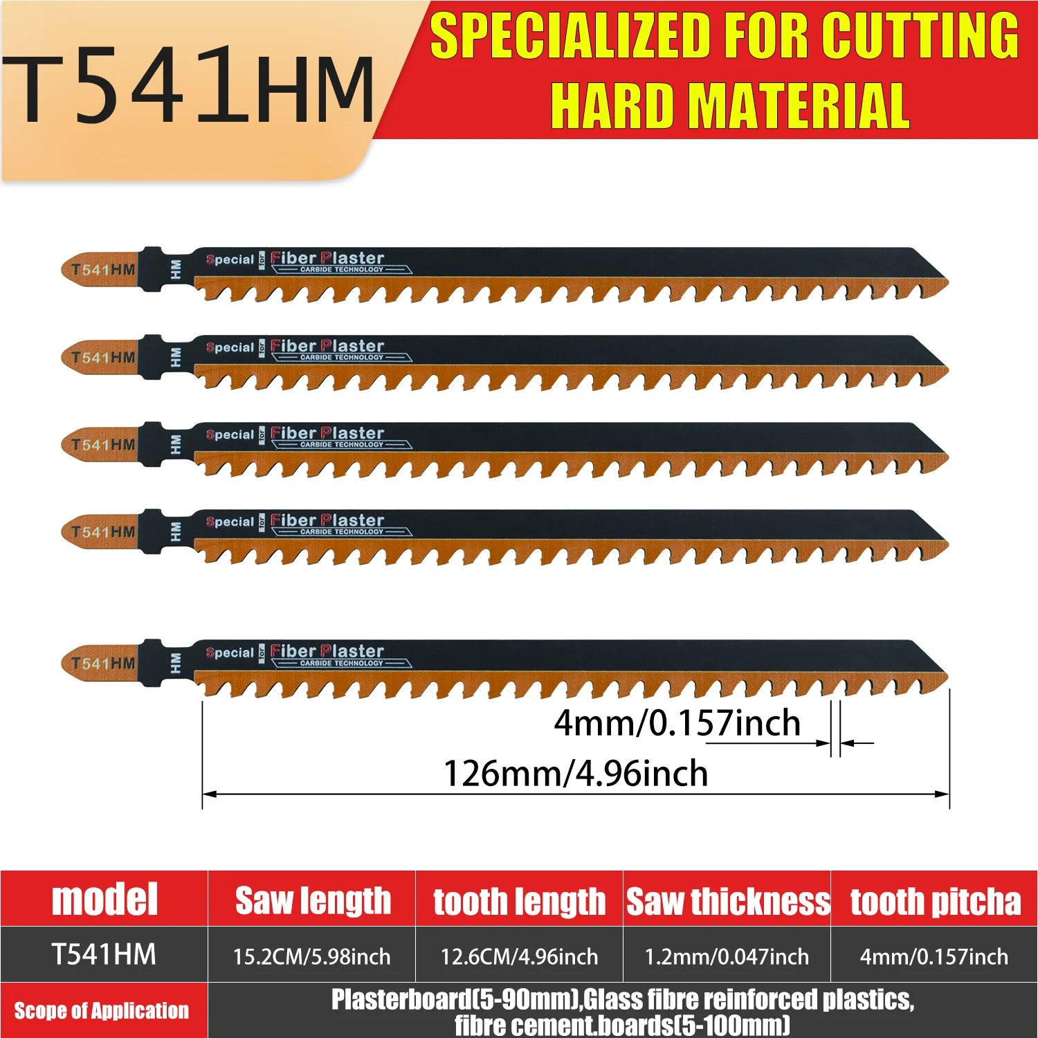 T141Hm1 1-Piece 4 in 6 Tpi Carbide-Tipped Special for Fiber and Plaster T-Shank Jig Saw Blades