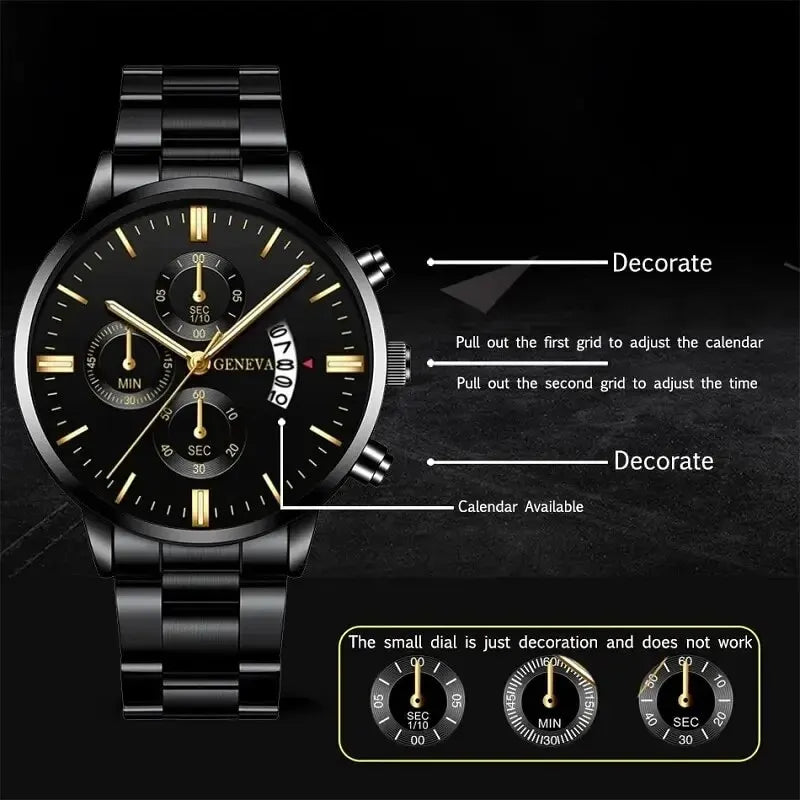 Men's Quartz Watch & Bracelet Gift Set – Calendar Chronograph-Style Dial