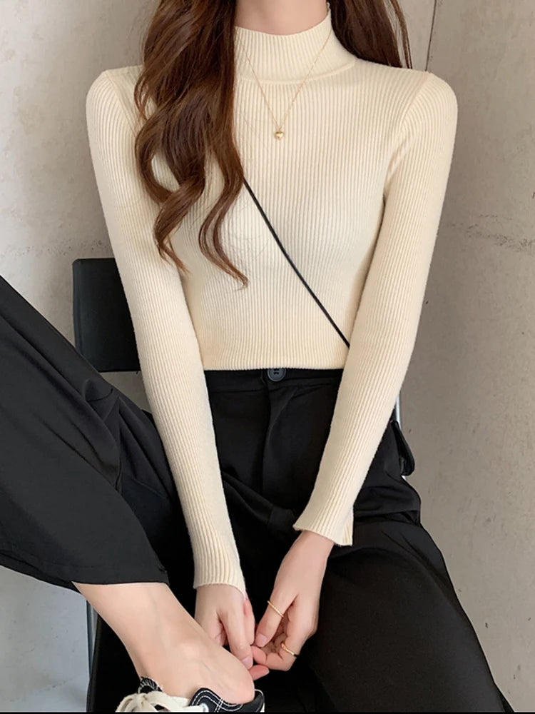 Women's Mock Neck Slim Knit Pullover | Vintage Basic Solid Sweater 11 Colors One Size