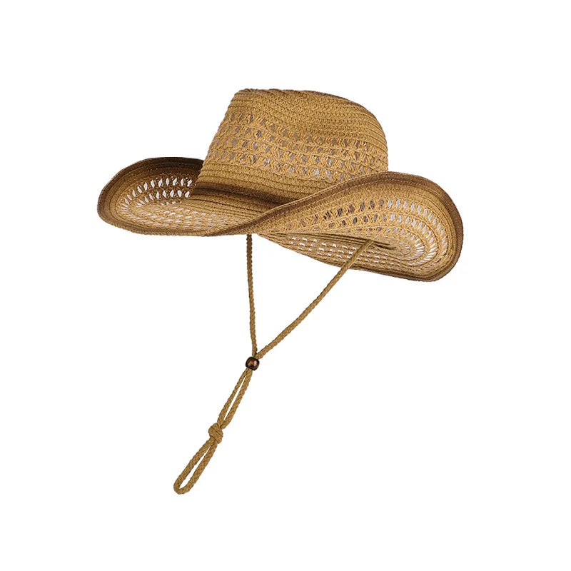 Breathable Hollow-Out Woven Denim Straw Hat with Black Trim and Contrasting Color, with Windproof Strap, Suitable for Outdoor Beach Sun Protection, Unisex, Holiday Gift