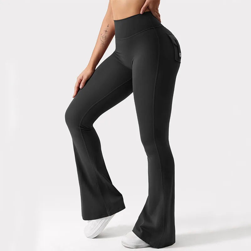 Leggings de yoga de pierna ancha para mujer, nuevos, de alta elasticidad, sensación de desnudez, compresión, ropa de trabajo de fitness con bolsillos, pantalón de yoga