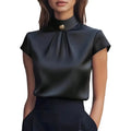 Women's Satin Pleated Blouse — Stand Collar, Short Sleeve