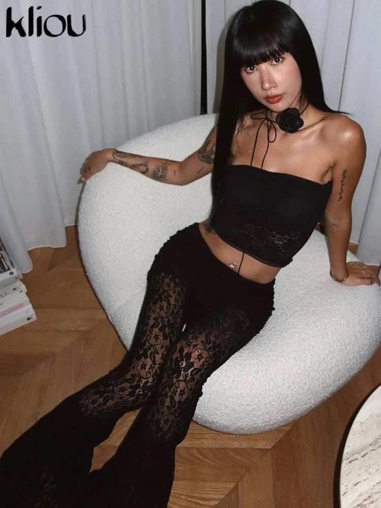 kliou Pantalones de encaje apilados sexys para mujer, elegantes, sólidos, transparentes, de cintura alta, pantalones rectos, tendencia, leggings atractivos de calle