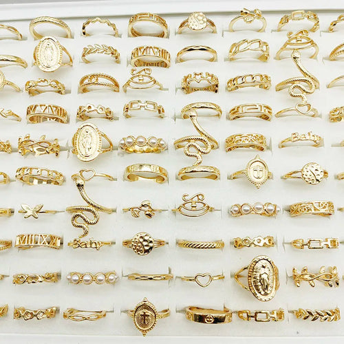 30 unids/Lote Anillos de Dedo de Color Dorado para Niñas Nuevo Amor Serpiente Animal Mariposa Recorte Estrella Perla Anillo Delgado Joyería de Fiesta Mujer