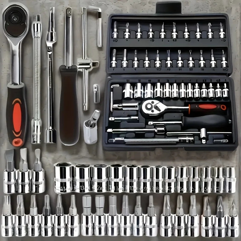 46-Piece CR-V Steel Socket Set – Ratchet Wrench, Extension Bar & Storage Bag for Auto & Home Repair