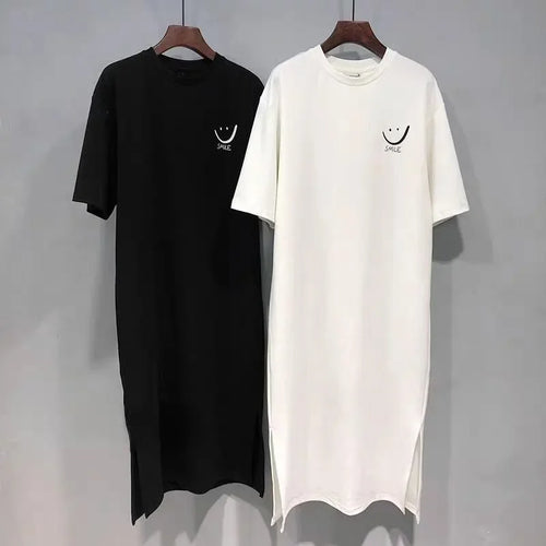 Camiseta de verano de talla grande para mujer 2025 con abertura lateral y diseño de "Smiley" - Vestido informal de ajuste holgado